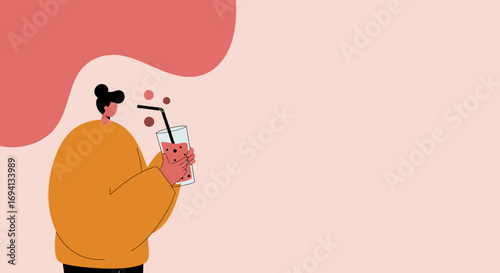 Minimalist illustration of a person holding a refreshing fruit drink with a straw against a soft pink background. Ideal for lifestyle, wellness, or beverage promotions.