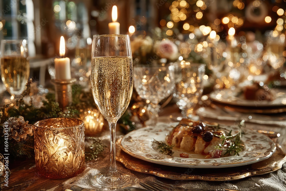 Fototapeta premium Elegant New Years dinner table with candle