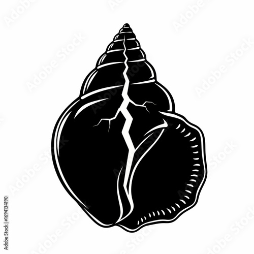Intricate black and white vector illustration of a cracked seashell, showcasing a damaged conch shell in a bold, graphic style isolated on a white background