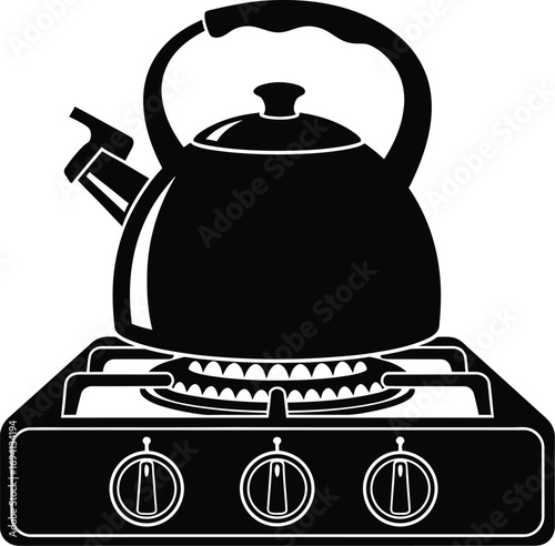 Silhouette of a kettle a gas stove, a simple image of home cooking and hot beverage preparation