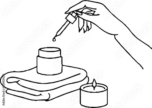 Minimalist line art of female hands with essential oil dropper for spa and wellness design