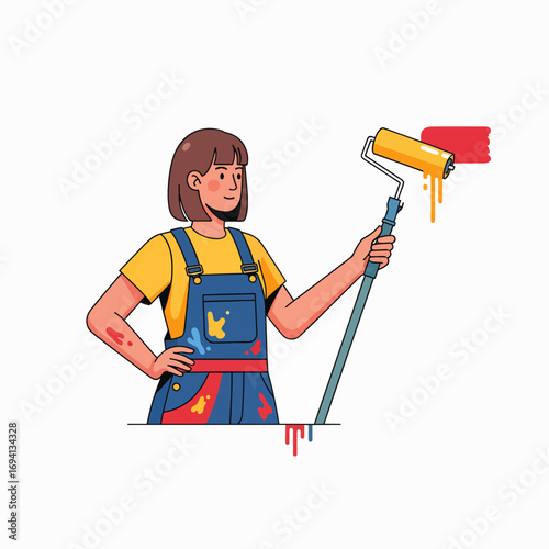 Creative Painter With Roller Applying Fresh Paint During Home Improvement Project