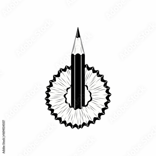 A striking black and white vector illustration of a sharpened pencil with its shavings forming a creative, circular sunburst shape