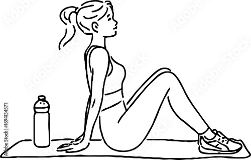 Minimalist line art of female silhouette exercising with water bottle for wellness design