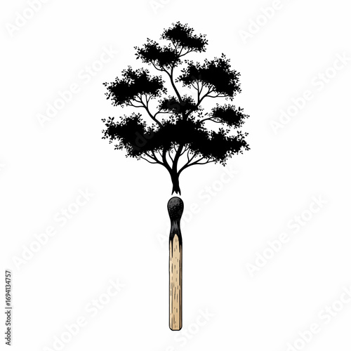 Surreal concept art of a burnt match transforming into a tree, symbolizing environmental issues and the fragility of nature
