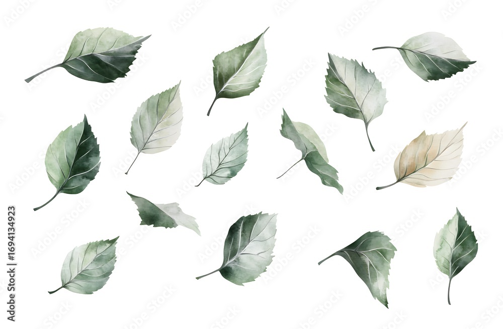 Obraz premium A simple illustration of green leaves falling in the wind, 