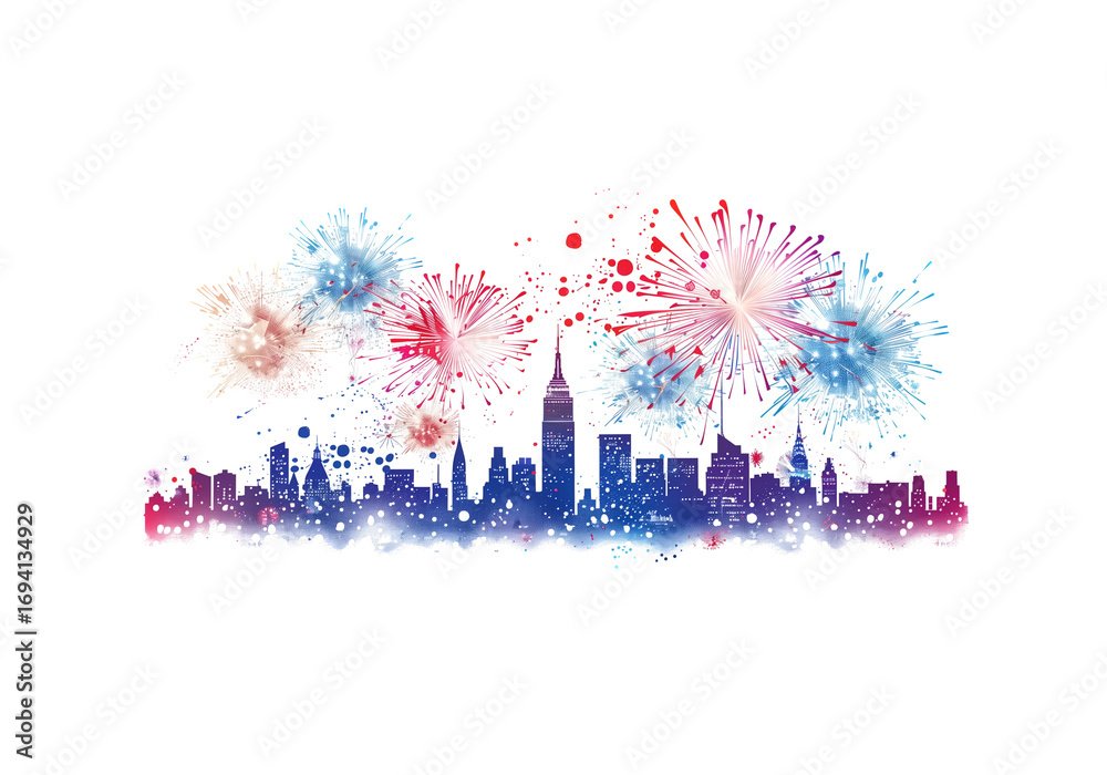 Obraz premium Fireworks exploding above city skylines, festive celebration iso