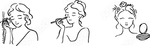 Minimalist line art collection of women applying makeup and beauty rituals