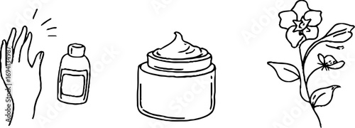 Minimalist line art set of girl applying moisturizer with floral and skincare elements for beauty design