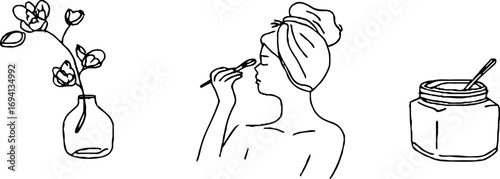 Minimalist line art set of woman applying skincare with flowers and cream jar for beauty design