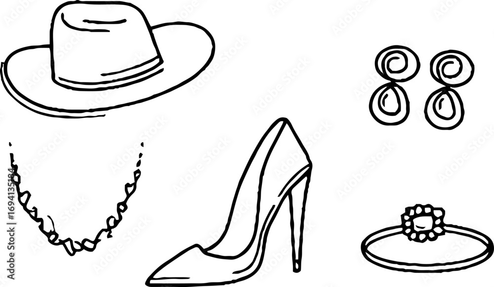 Fototapeta premium Minimalist line art collection featuring hat, earrings, necklace, shoe, and ring for fashion design