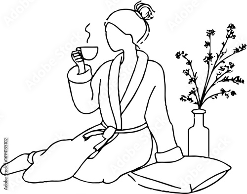 Minimalist line art of girl relaxing with tea in robe - boho aesthetic design for posters