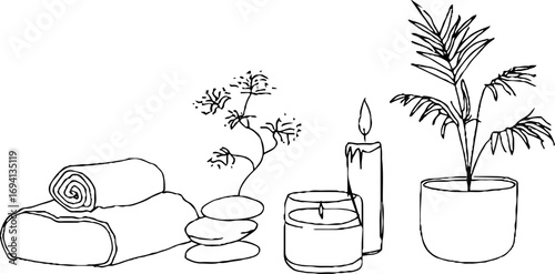 Minimalist line art spa elements with towel, candle, and plant for relaxation design