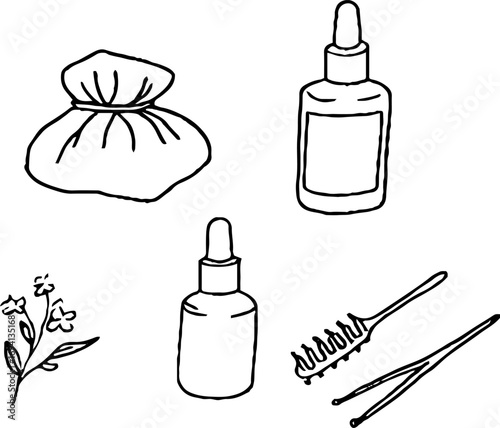 Minimalist line art collection of hair care essentials and botanical elements for design