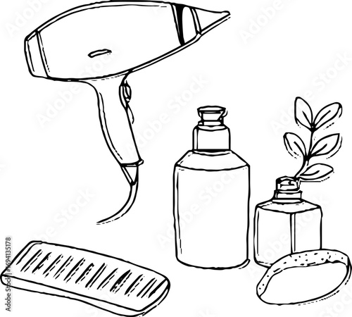 Minimalist line art collection of hair care essentials for beauty and wellness design