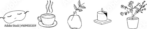 Minimalist line art collection featuring tea, candle, and mask for tranquil design purposes