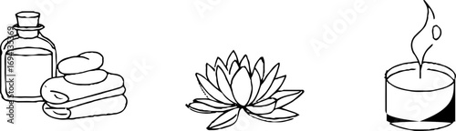 Minimalist line art illustrations of massage oil, lotus flower, and candle for spa design