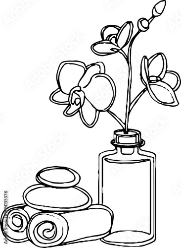 Minimalist line art of massage oil with orchid and spa elements for relaxation design