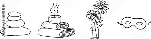 Minimalist line art of spa elements with massage stones and candle for relaxation design