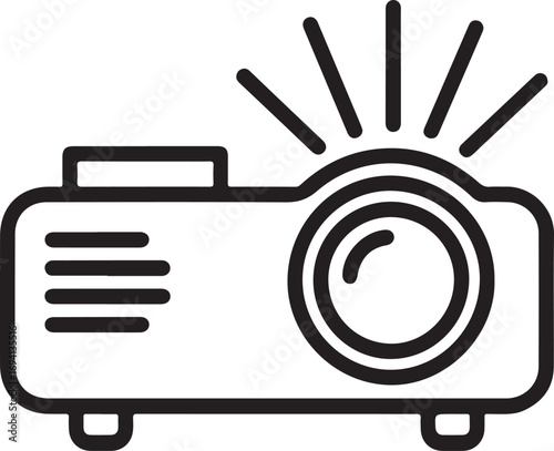 Simple line art icon of a digital projector emitting light
