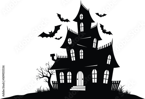 Silhouette of a spooky haunted house with bats flying around, a symbol of halloween and supernatural