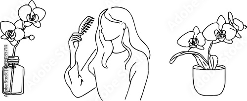 Elegant minimalist line art of woman with hair comb and orchid flowers, perfect for modern decor