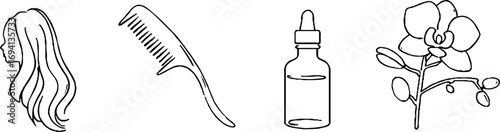 Minimalist line art collection featuring woman silhouette, comb, essential oil bottle, and flower for modern design