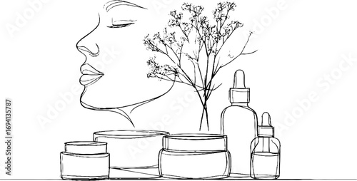 Minimalist line art of skincare jars with floral facial design for aesthetic and wellness concepts