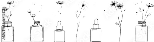 Minimalist line art of skincare jars and flowers for boho aesthetic design