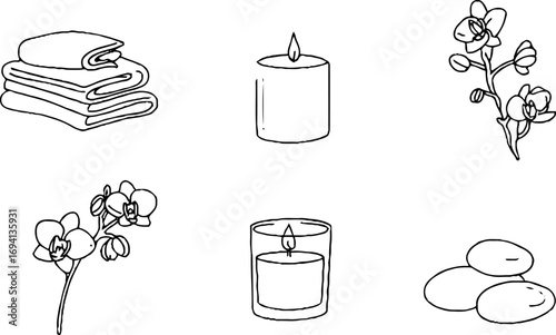 Minimalist line art set featuring spa flatlay with towels, flowers, and candles for relaxation and serenity