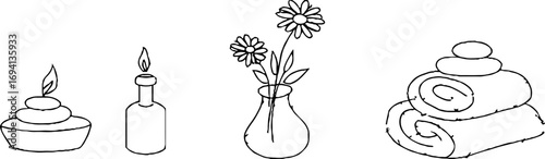 Minimalist line art of spa essentials with candles, flowers, and towels for relaxation design