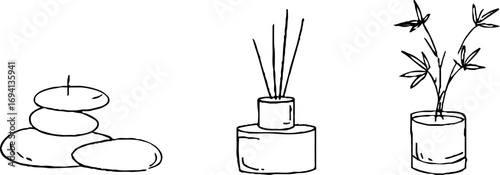 Minimalist line art of spa stones and bamboo for relaxation and zen decor