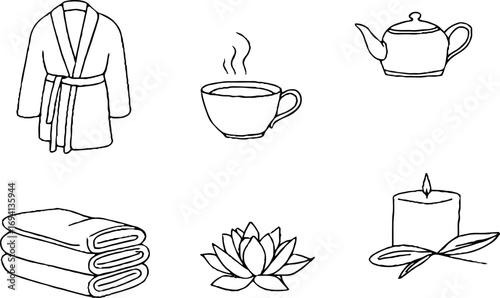 Minimalist line art of spa relaxation essentials with tea, lotus, and candle for aesthetic design