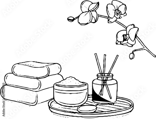 Minimalist line art of spa setting with towels and orchid for relaxation and decor