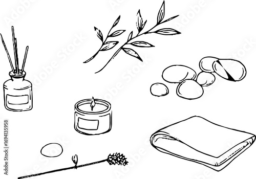 Minimalist line art set featuring spa stones, bamboo leaves, and aromatherapy elements