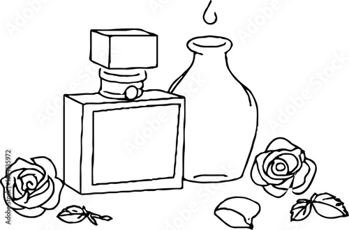 Minimalist line art of square perfume bottle with floral elements for elegant design