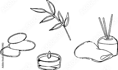 Minimalist line art of spa elements with stones, bamboo, and aromatics for relaxation design