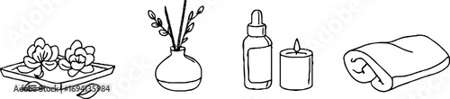 Minimalist line art of spa essentials with tray, flower, candle, and oil for relaxation and decor