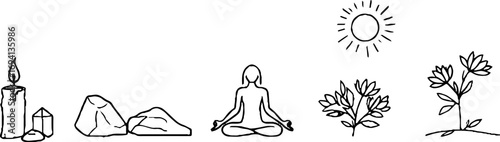 Minimalist line art with stones, candle, and natural elements for zen and meditation design