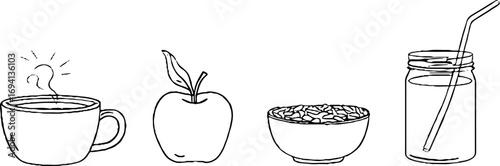 Minimalist line art collection: tea cup, smoothie jar, apple, and cereal bowl design for aesthetic decoration