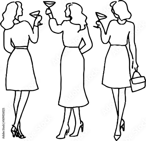 Minimalist line art of three girlfriends celebrating in style