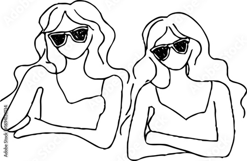 Minimalist line art of two girlfriends shopping with sunglasses - fashion design for posters and cards