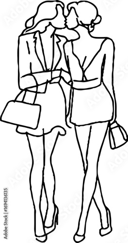 Minimalist line art of two girlfriends embracing - aesthetic design for t-shirt or poster
