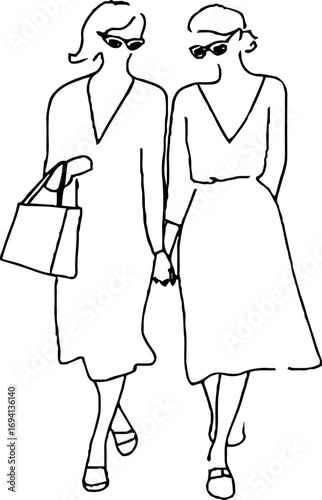 Minimalist line art of two girlfriends shopping - bohemian aesthetic design for prints and decor