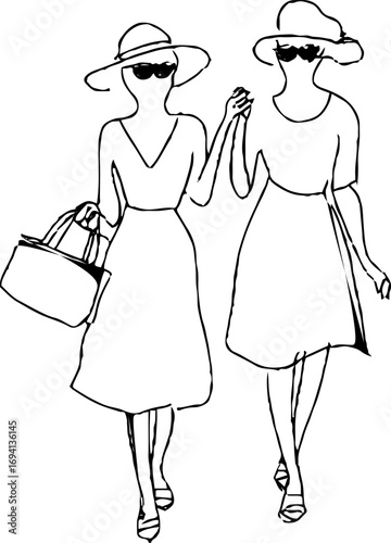 Minimalist line art of two girlfriends shopping in bohemian style for fashion design