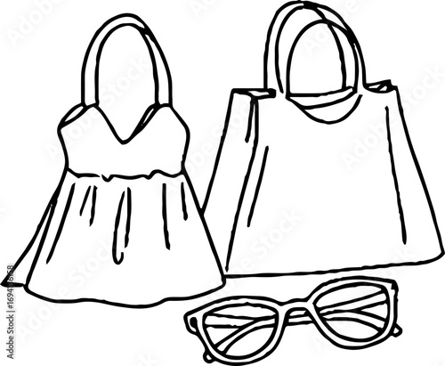 Minimalist line art of shopping glamour with two girlfriends' accessories