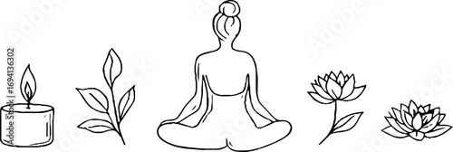 Minimalist line art set featuring woman in lotus pose with nature elements for yoga and wellness design