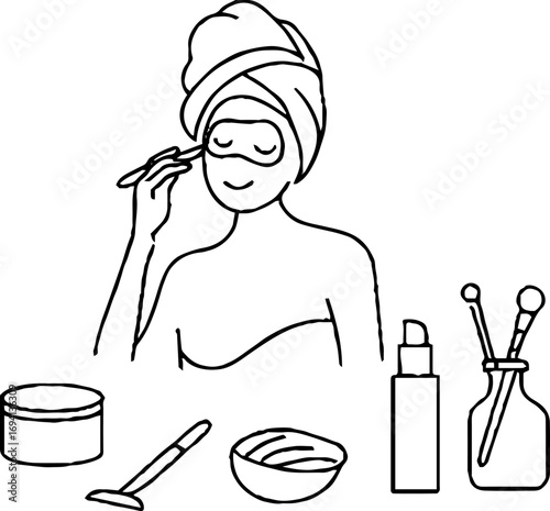 Minimalist line art of woman in towel wrap with skincare routine elements