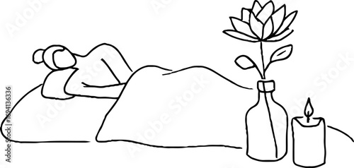 Tranquil spa experience - minimalist line art of woman relaxing with lotus and candle