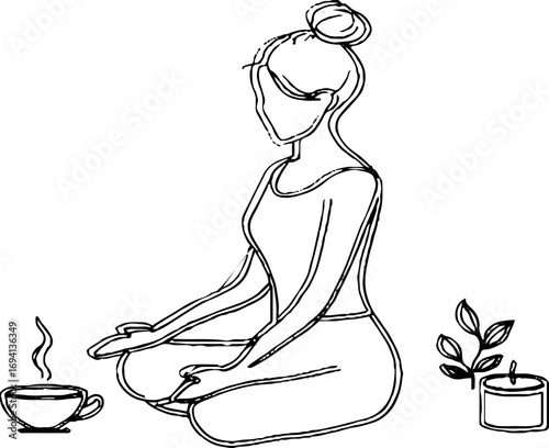 Minimalist line art of woman in yoga pose with relaxation elements for mindfulness design